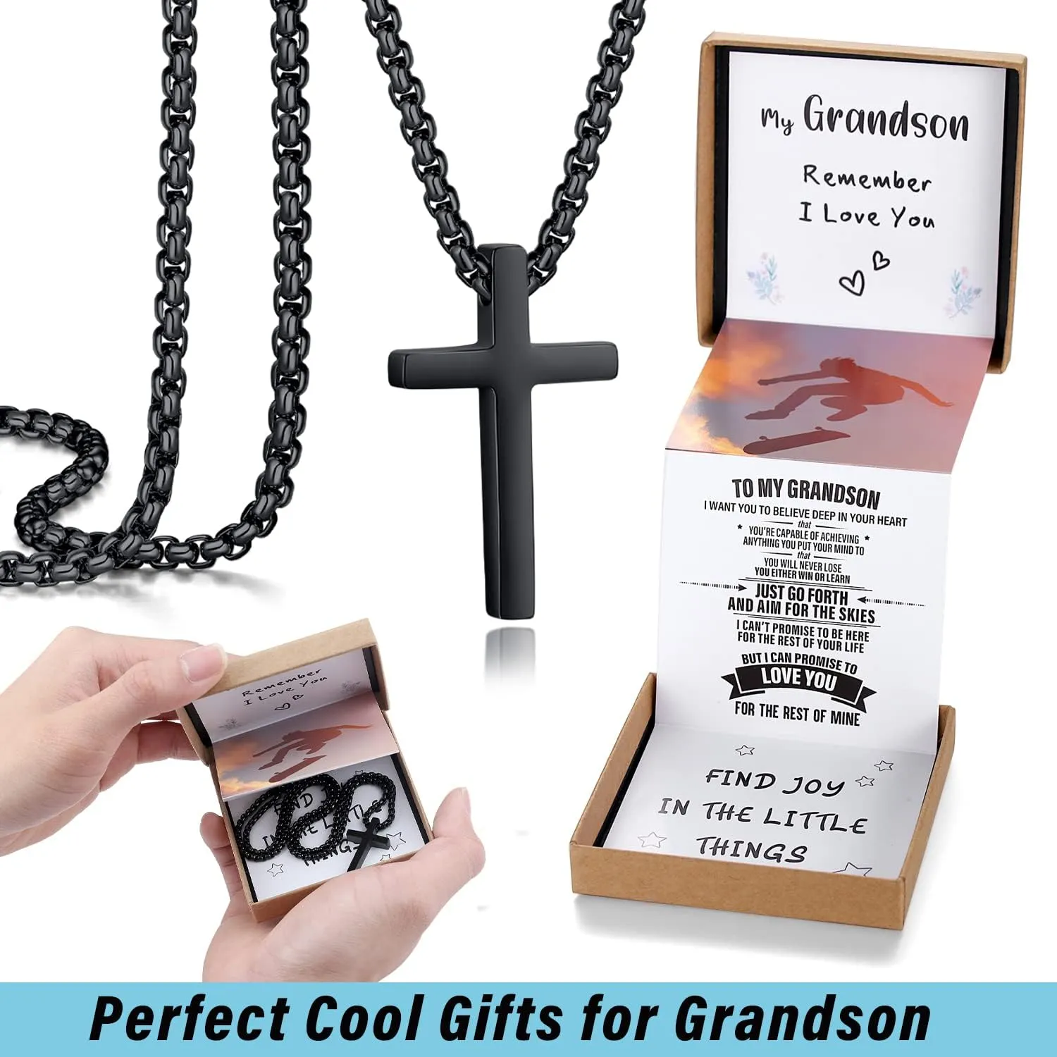 Unique Cross Necklace Gifts with Pull Out Gift Box for Son/Grandson/Dad/Love on Graduation/Father's Day/Birthday-Black/Silver(Various Sizes)