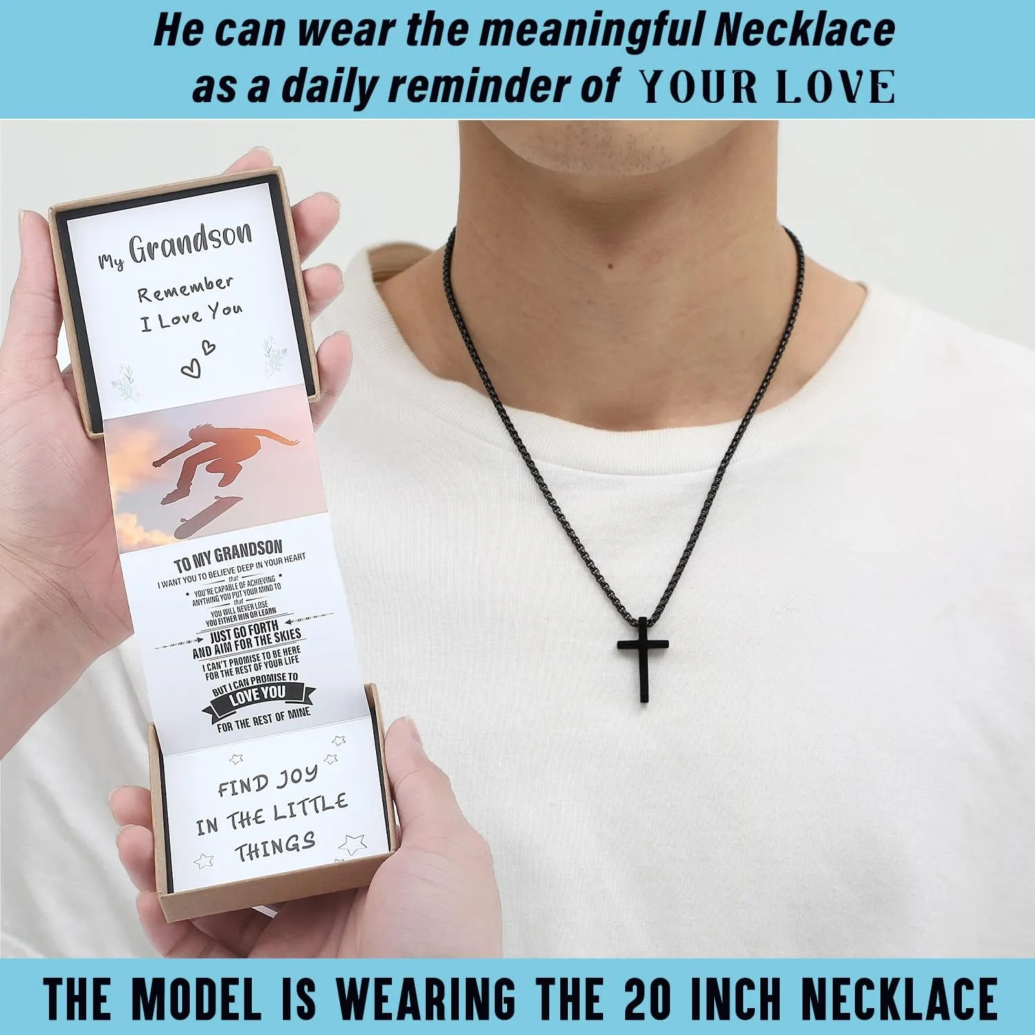 Unique Cross Necklace Gifts with Pull Out Gift Box for Son/Grandson/Dad/Love on Graduation/Father's Day/Birthday-Black/Silver(Various Sizes)