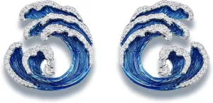 Unique Enamel Cubic Zirconia White Gold plated Big Earrings Studs for Women Hypoallergenic, Sea Wave Art Large Studs Earrings for Ocean Jewelry