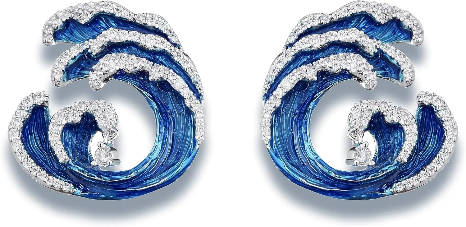 Unique Enamel Cubic Zirconia White Gold plated Big Earrings Studs for Women Hypoallergenic, Sea Wave Art Large Studs Earrings for Ocean Jewelry