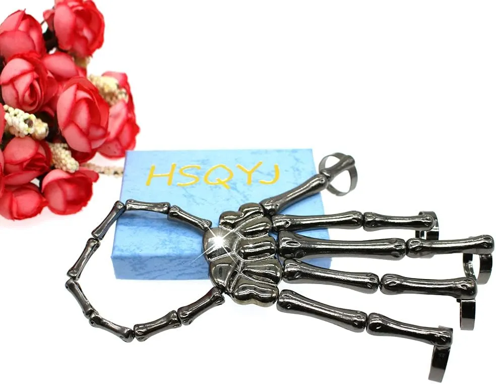 Unique Exaggerate Style Skull Finger Hand Bone Bracelet Punk Handmade Halloween Metal Skeleton Bangle Horror Halloween Goth Ghost Claw Jewelry Ornaments for Women