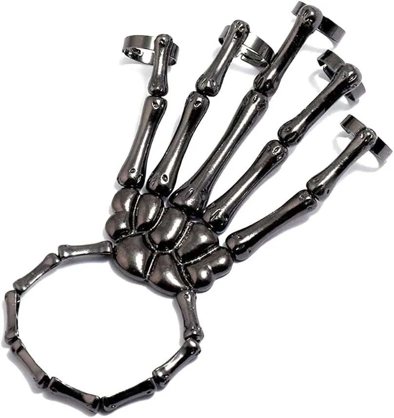 Unique Exaggerate Style Skull Finger Hand Bone Bracelet Punk Handmade Halloween Metal Skeleton Bangle Horror Halloween Goth Ghost Claw Jewelry Ornaments for Women