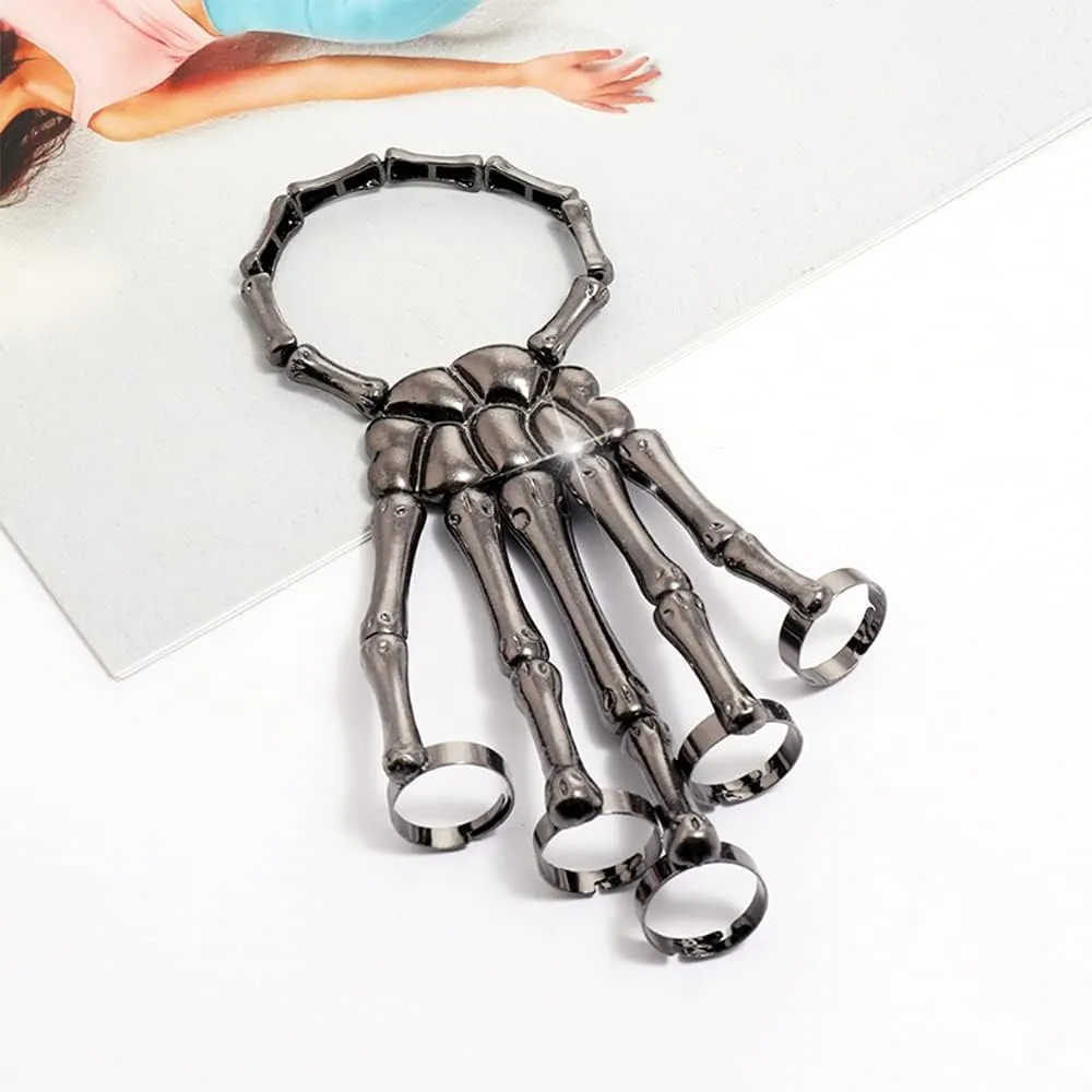 Unique Exaggerate Style Skull Finger Hand Bone Bracelet Punk Handmade Halloween Metal Skeleton Bangle Horror Halloween Goth Ghost Claw Jewelry Ornaments for Women