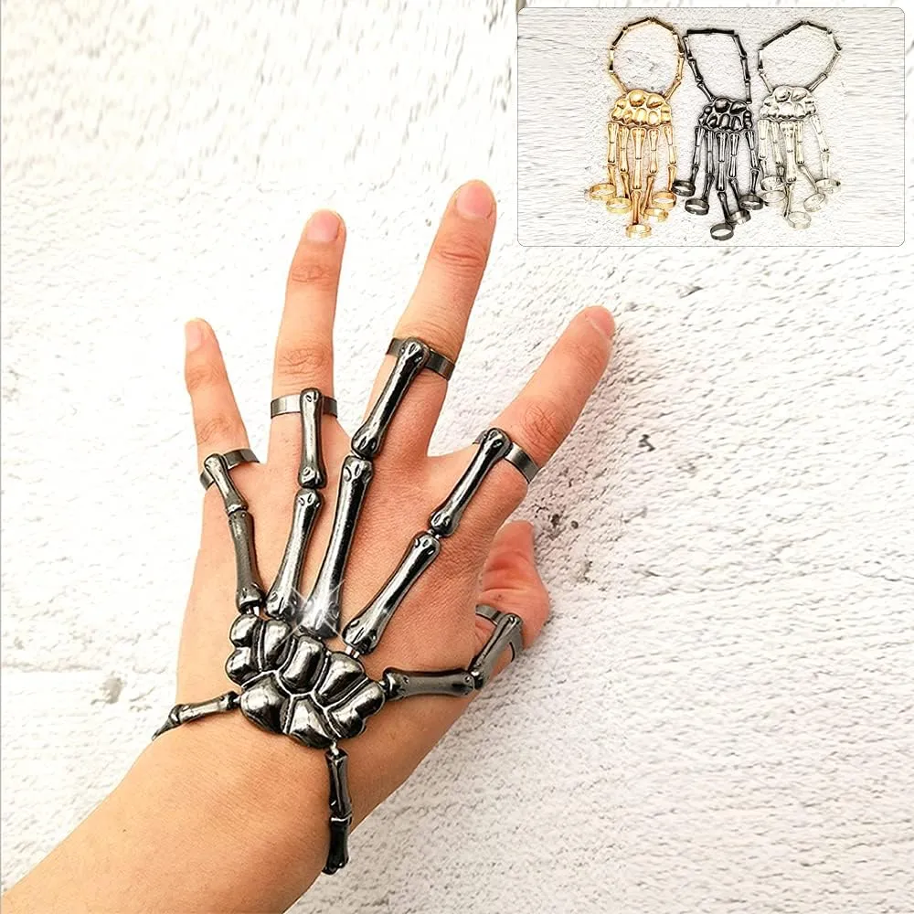 Unique Exaggerate Style Skull Finger Hand Bone Bracelet Punk Handmade Halloween Metal Skeleton Bangle Horror Halloween Goth Ghost Claw Jewelry Ornaments for Women