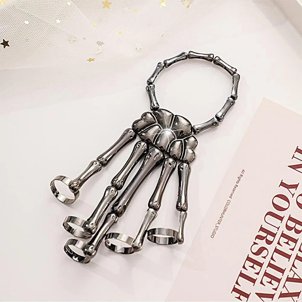 Unique Exaggerate Style Skull Finger Hand Bone Bracelet Punk Handmade Halloween Metal Skeleton Bangle Horror Halloween Goth Ghost Claw Jewelry Ornaments for Women