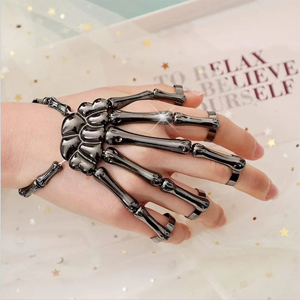 Unique Exaggerate Style Skull Finger Hand Bone Bracelet Punk Handmade Halloween Metal Skeleton Bangle Horror Halloween Goth Ghost Claw Jewelry Ornaments for Women