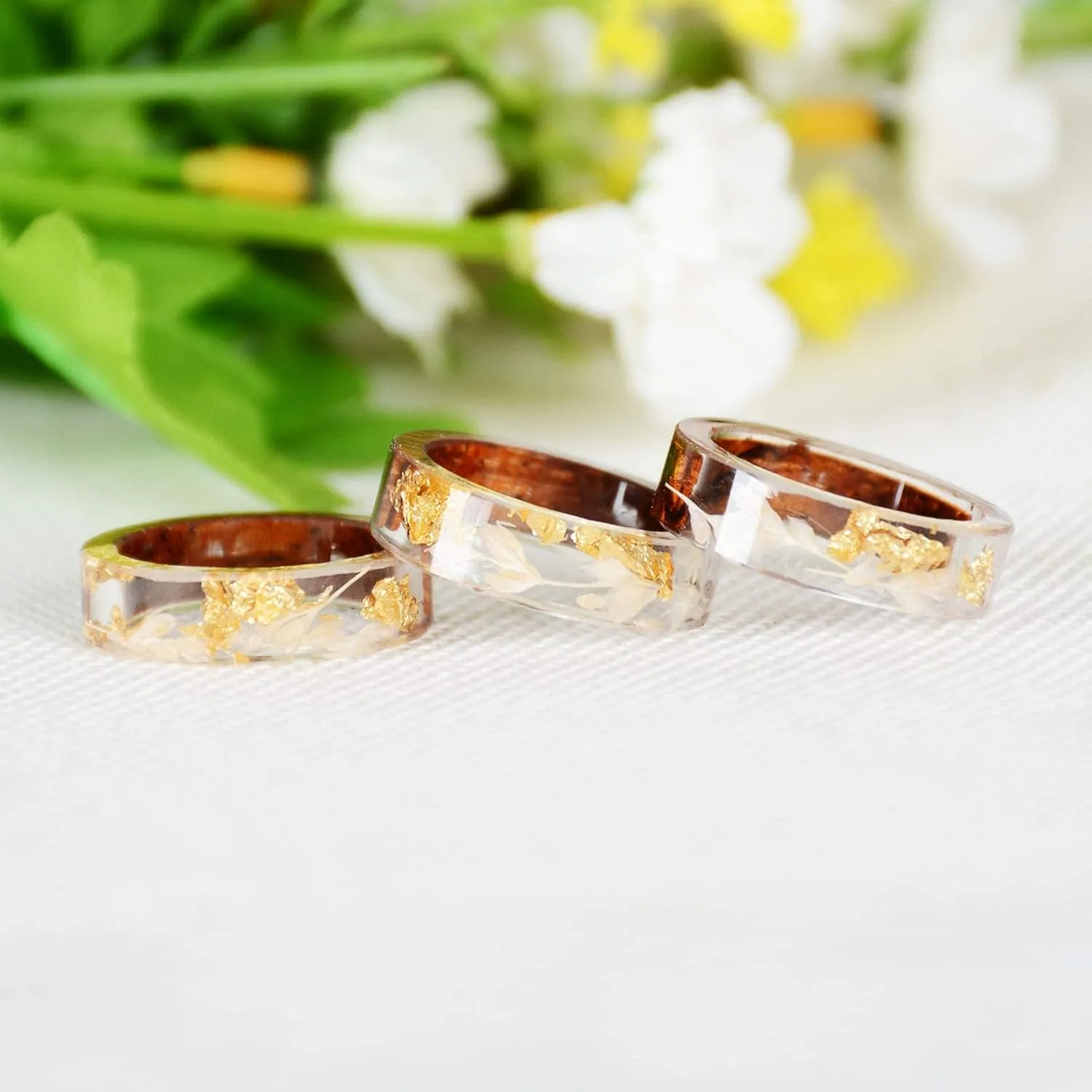 Unique Handmade Wood Plastic Resin Band Ring with Silver Foil Inside Ocean Blue Crystal Ring Best Gift for Her