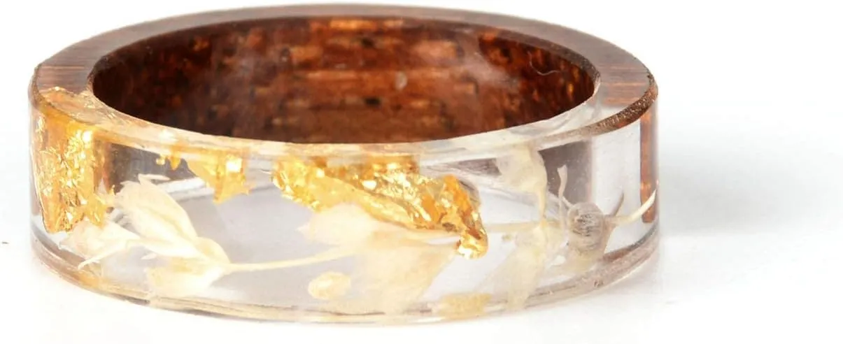 Unique Handmade Wood Plastic Resin Band Ring with Silver Foil Inside Ocean Blue Crystal Ring Best Gift for Her