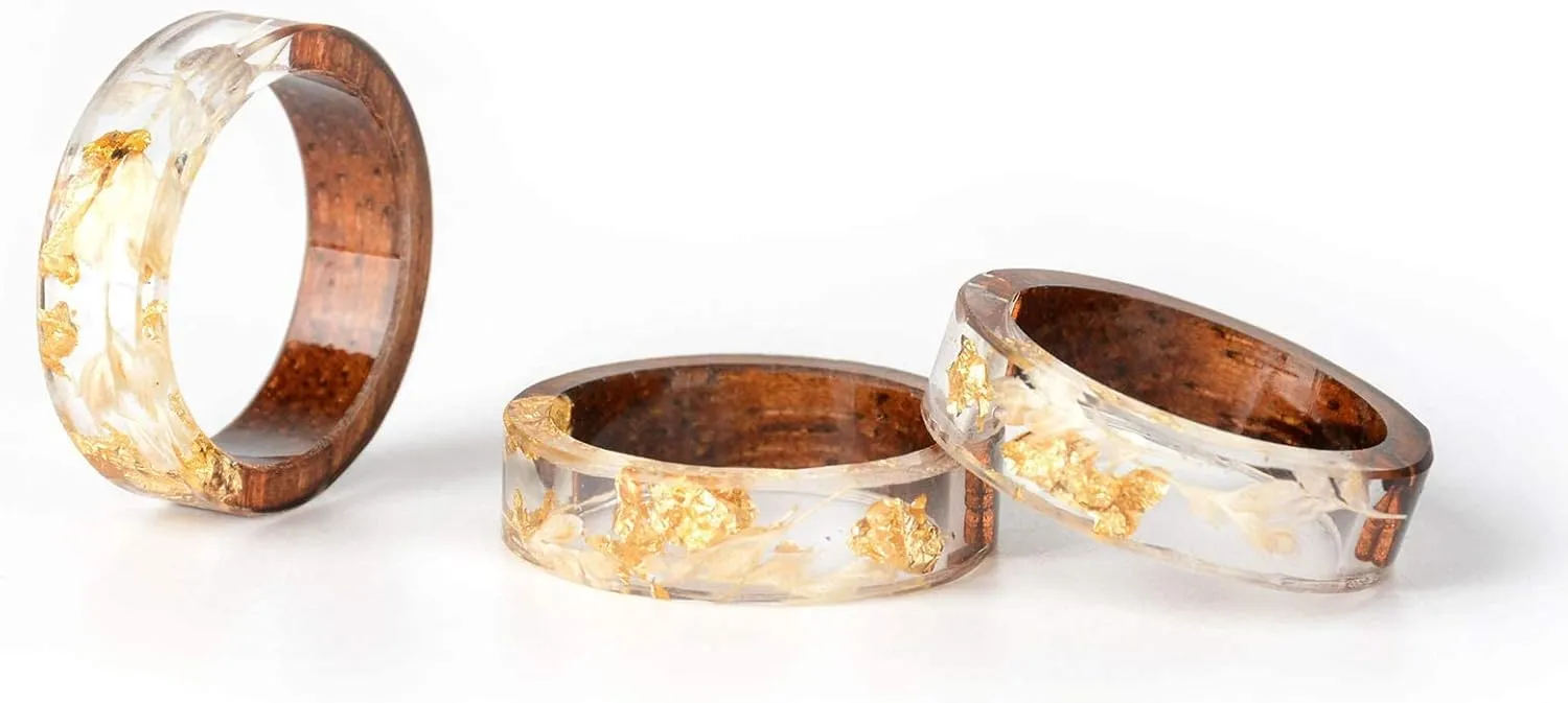 Unique Handmade Wood Plastic Resin Band Ring with Silver Foil Inside Ocean Blue Crystal Ring Best Gift for Her