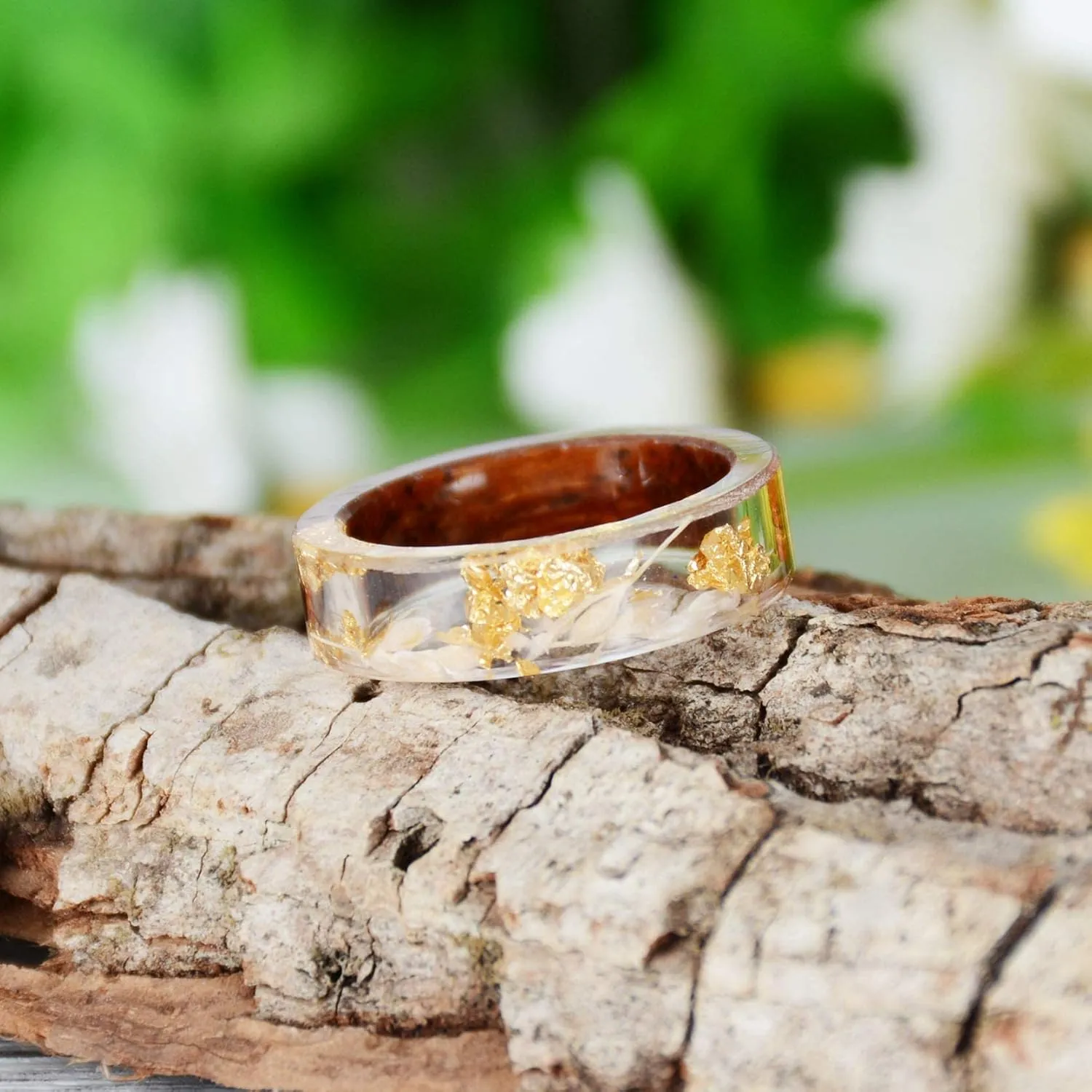 Unique Handmade Wood Plastic Resin Band Ring with Silver Foil Inside Ocean Blue Crystal Ring Best Gift for Her