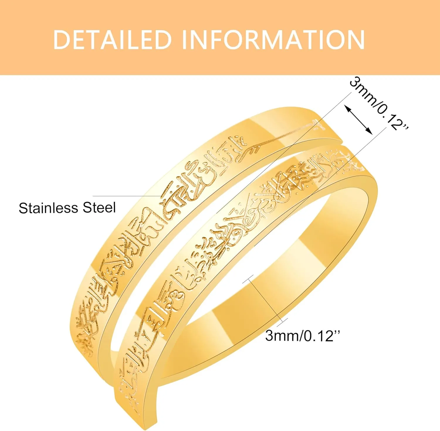 Unique Islamic Theme Jewelry - Carving Arabic Scripture Ring, Religious Adjustable Stainless Steel Open Ring for Men Women, Gifts for Birthday Valentine's Day YA4978