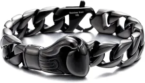 Unique Mens Stainless Steel Curb Chain Link Bracelet with Boxing Glove Silver Color Polished