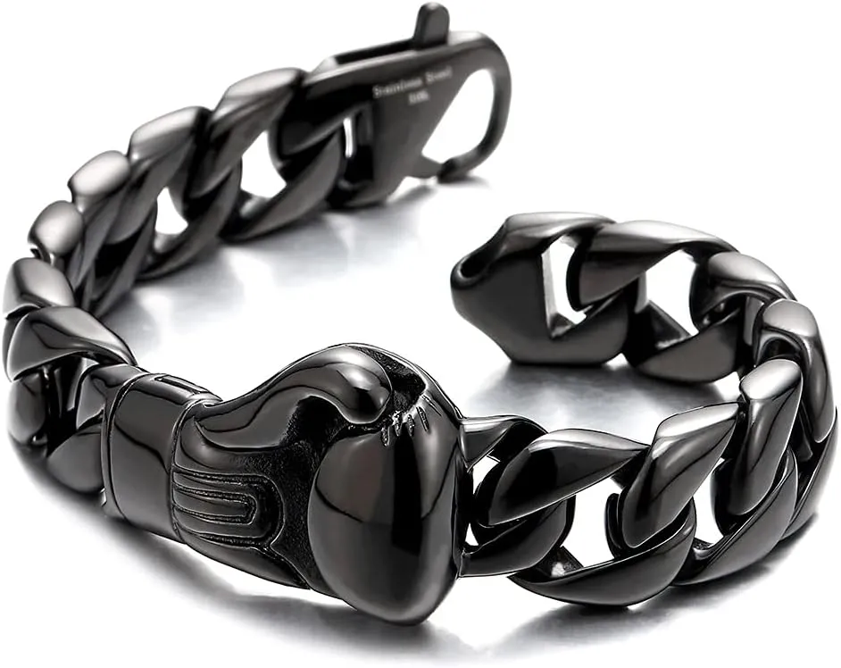 Unique Mens Stainless Steel Curb Chain Link Bracelet with Boxing Glove Silver Color Polished
