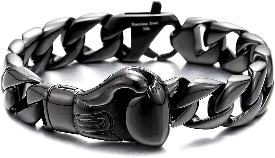 Unique Mens Stainless Steel Curb Chain Link Bracelet with Boxing Glove Silver Color Polished