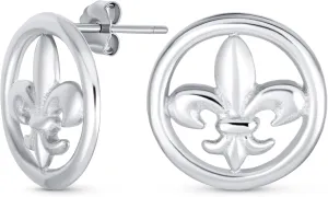Unisex Ancient Symbol Lily Flower Fleur De Lis Stud Earrings For Women Men Teens Lightweight CZ Accent .925 Sterling Silver