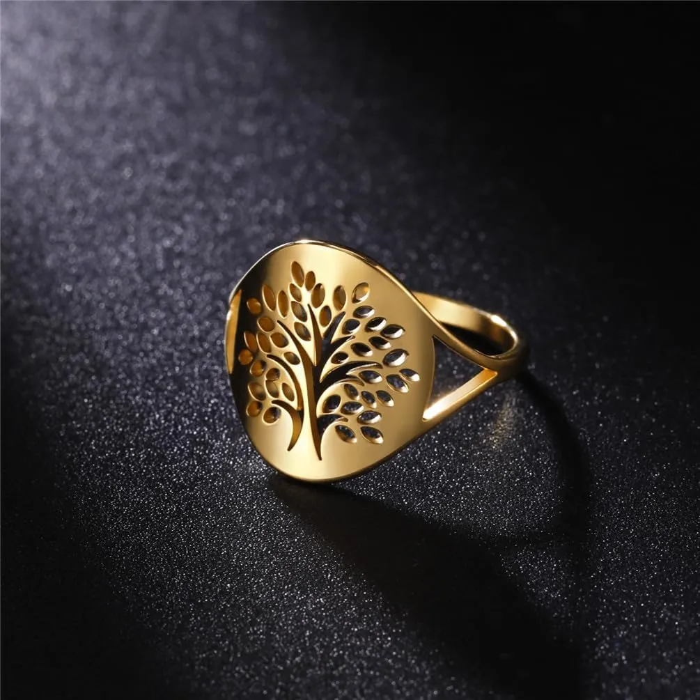 Unisex Stainless Steel 16mm Unique Plain Folk Style Cut Out Forests Family Tree of Life Couple Ring Promise Statement Band