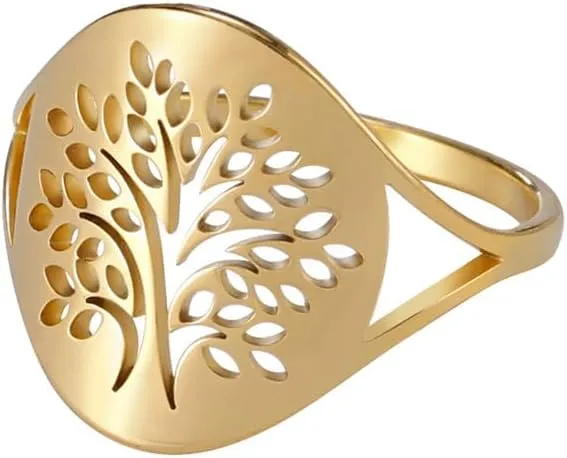 Unisex Stainless Steel 16mm Unique Plain Folk Style Cut Out Forests Family Tree of Life Couple Ring Promise Statement Band