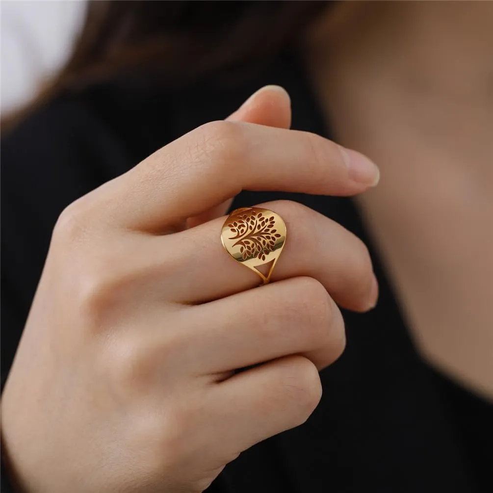 Unisex Stainless Steel 16mm Unique Plain Folk Style Cut Out Forests Family Tree of Life Couple Ring Promise Statement Band