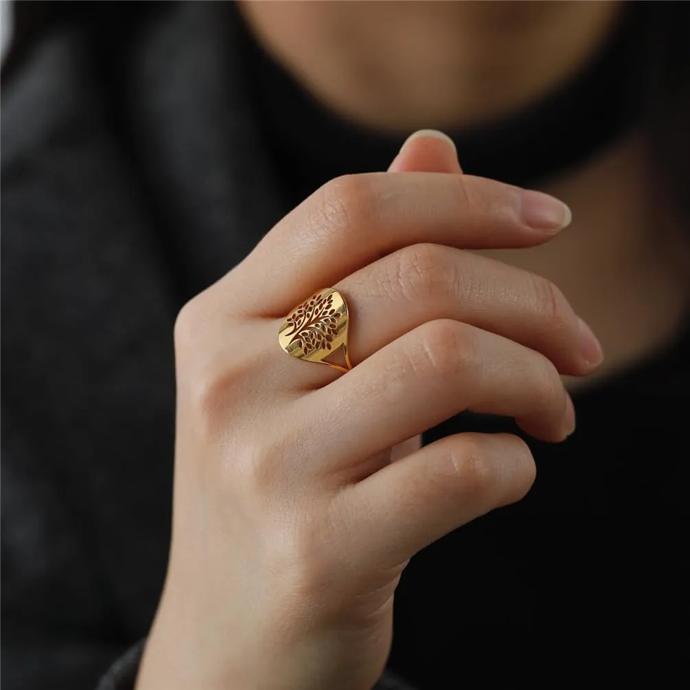 Unisex Stainless Steel 16mm Unique Plain Folk Style Cut Out Forests Family Tree of Life Couple Ring Promise Statement Band