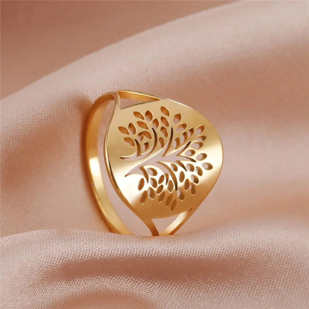 Unisex Stainless Steel 16mm Unique Plain Folk Style Cut Out Forests Family Tree of Life Couple Ring Promise Statement Band