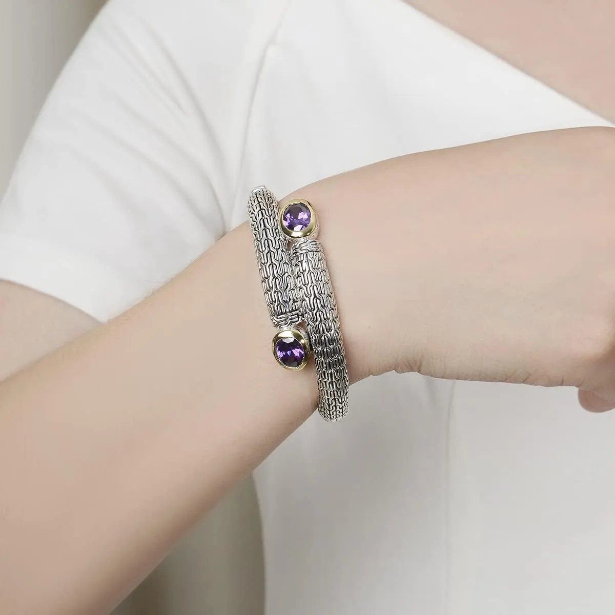 UNY JEWEL Jewelry Multi Strand Foxtail Chain Woven Pattern Inlay 8 by 10 Oval CZ Vintage Antique Two Tone Elegant Designer Inspired Unique Box Tongue Clasp Bangle