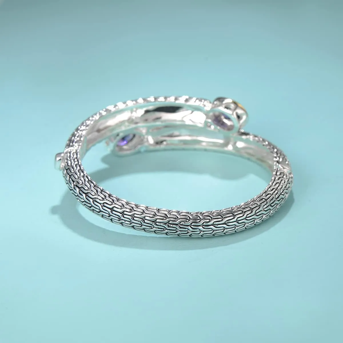 UNY JEWEL Jewelry Multi Strand Foxtail Chain Woven Pattern Inlay 8 by 10 Oval CZ Vintage Antique Two Tone Elegant Designer Inspired Unique Box Tongue Clasp Bangle