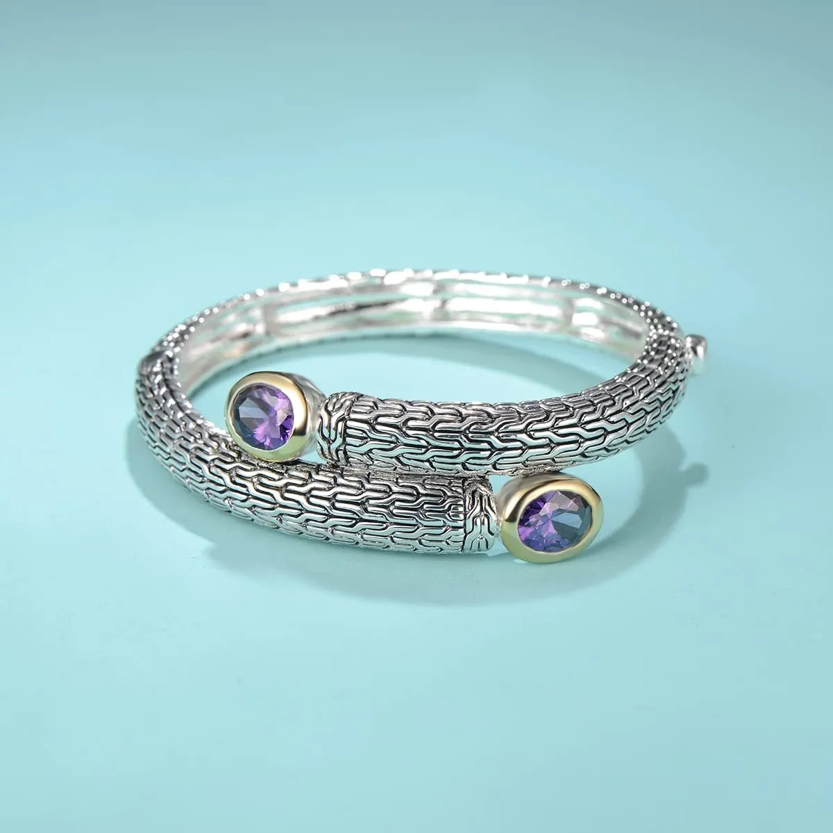 UNY JEWEL Jewelry Multi Strand Foxtail Chain Woven Pattern Inlay 8 by 10 Oval CZ Vintage Antique Two Tone Elegant Designer Inspired Unique Box Tongue Clasp Bangle