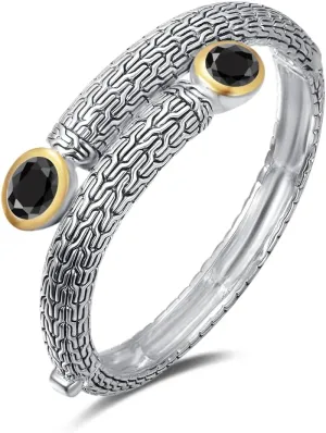 UNY JEWEL Jewelry Multi Strand Foxtail Chain Woven Pattern Inlay 8 by 10 Oval CZ Vintage Antique Two Tone Elegant Designer Inspired Unique Box Tongue Clasp Bangle