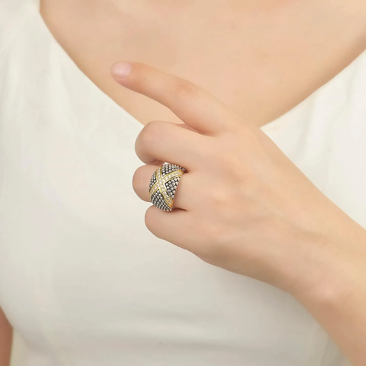 UNY JEWEL Jewelry Pave Dots X Bar Two Tone Ring with Pave CZ Unique Design With Sparkling Stones Perfect For Women's Fashion