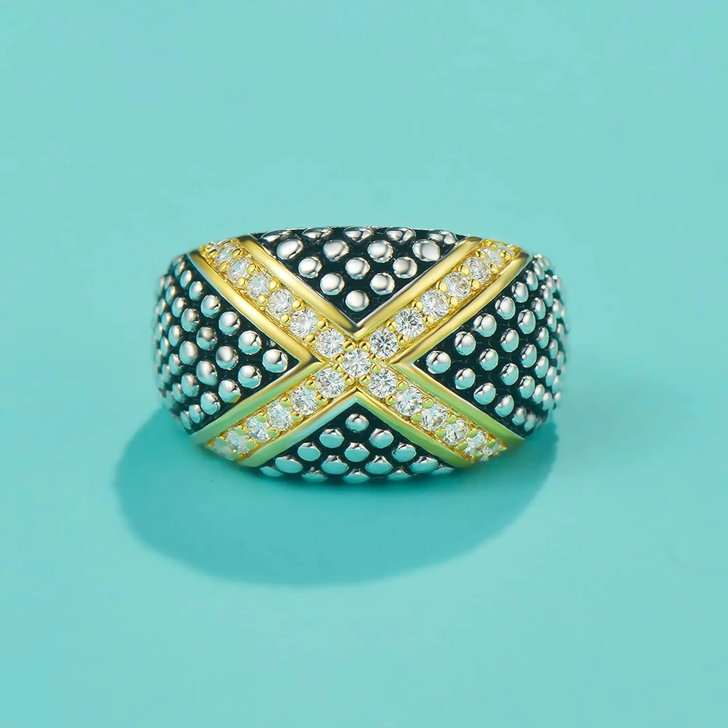 UNY JEWEL Jewelry Pave Dots X Bar Two Tone Ring with Pave CZ Unique Design With Sparkling Stones Perfect For Women's Fashion