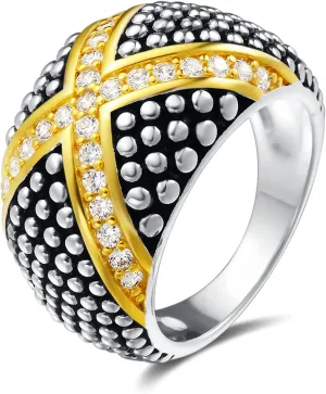 UNY JEWEL Jewelry Pave Dots X Bar Two Tone Ring with Pave CZ Unique Design With Sparkling Stones Perfect For Women's Fashion