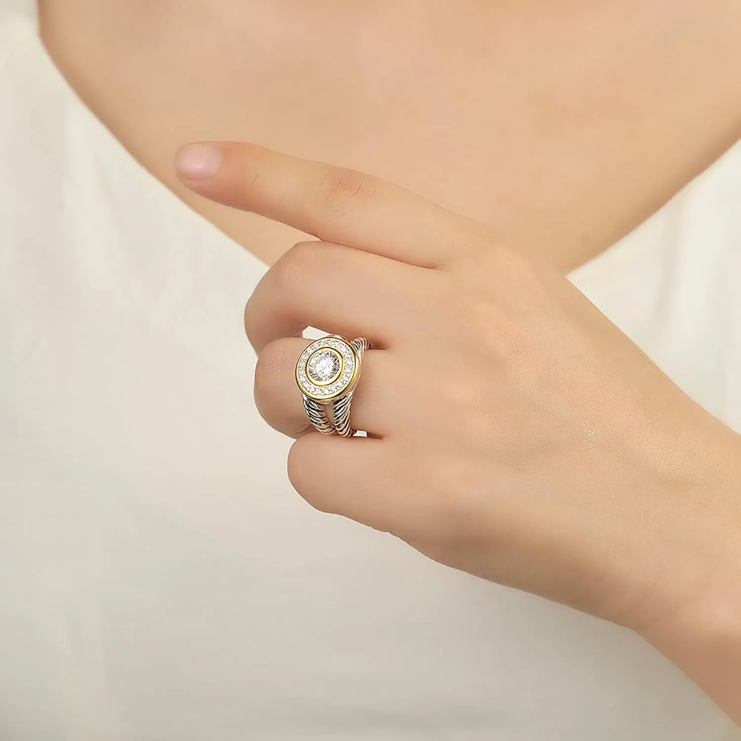 UNY JEWEL Two Tone Twisted Cable Wire Ring Split Shank Pave CZ Unique Designer Inspired Jewelry Women's Fashion Dupes Ring