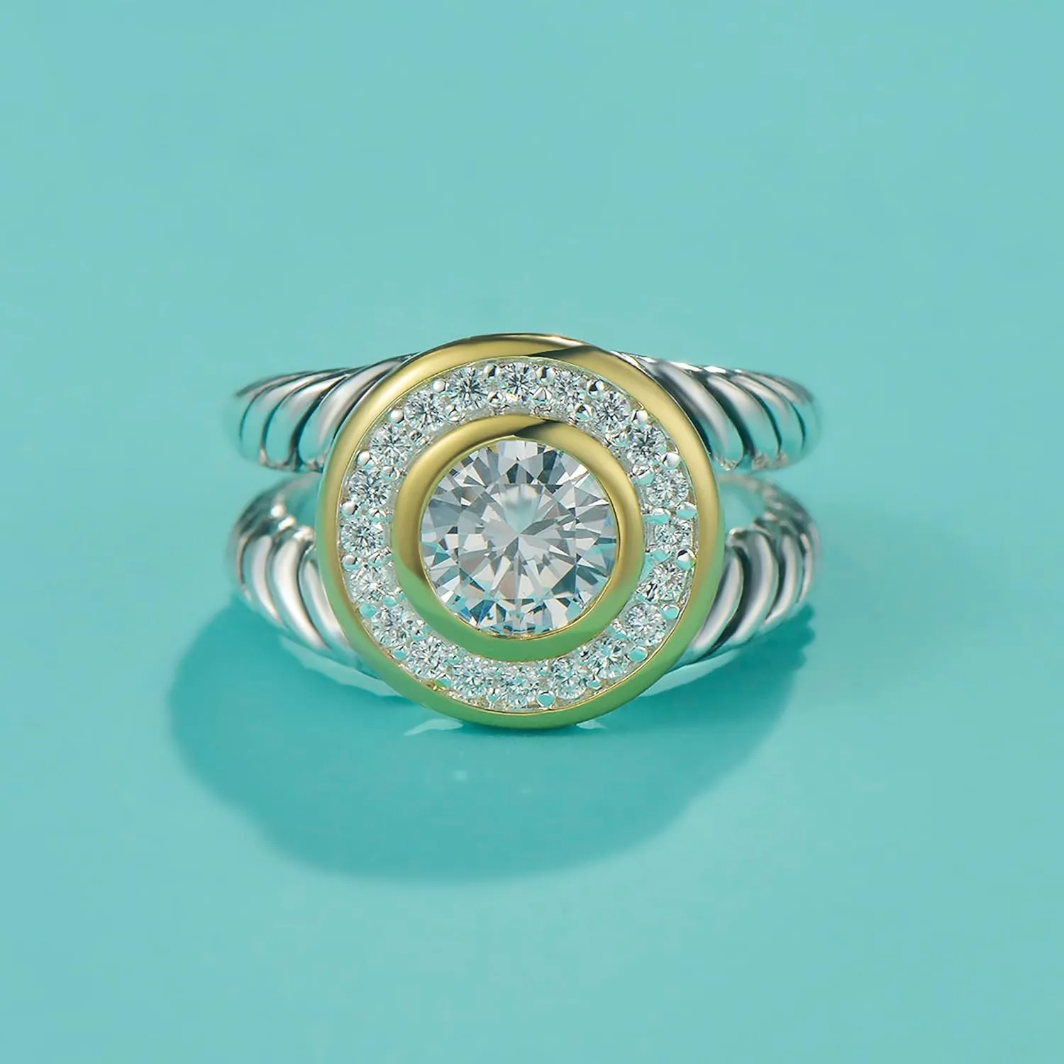 UNY JEWEL Two Tone Twisted Cable Wire Ring Split Shank Pave CZ Unique Designer Inspired Jewelry Women's Fashion Dupes Ring