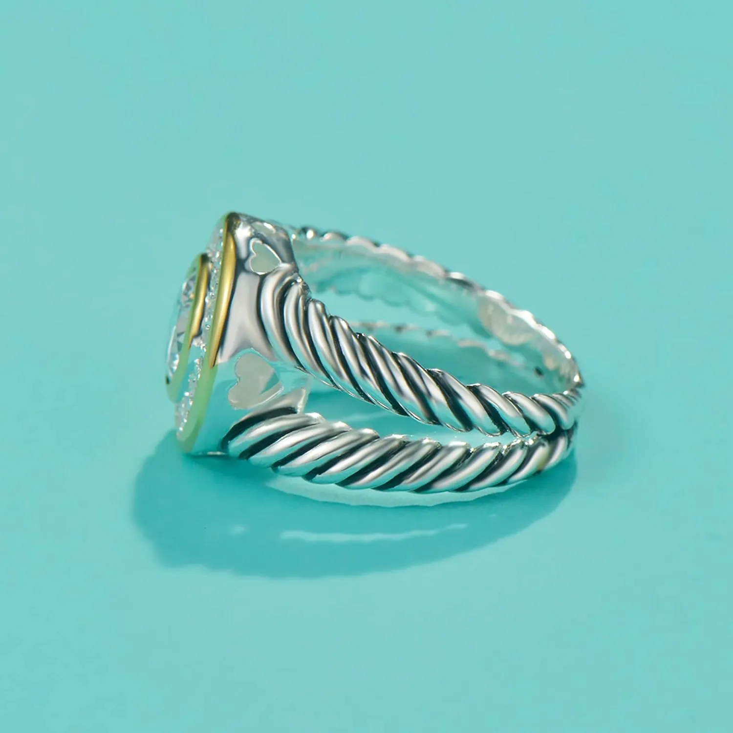 UNY JEWEL Two Tone Twisted Cable Wire Ring Split Shank Pave CZ Unique Designer Inspired Jewelry Women's Fashion Dupes Ring