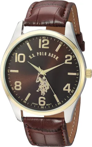 U.S. Polo Assn. Men's Brown Dial Watch with Gold-Tone Bezel and Croc-Embossed Strap  Analog Quartz Timepiece in Gift Box Fits Wrists 5.5"-8" with 44mm Silver-Tone Case