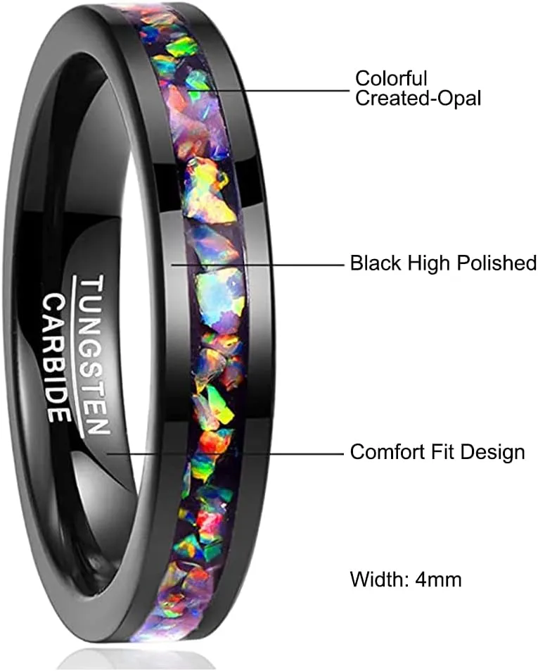 Vakki 4mm 8mm Black Tungsten Rings Inlaid with Crushed Created Opal Wedding Engagement Band for Men Comfort Fit Size 4-12