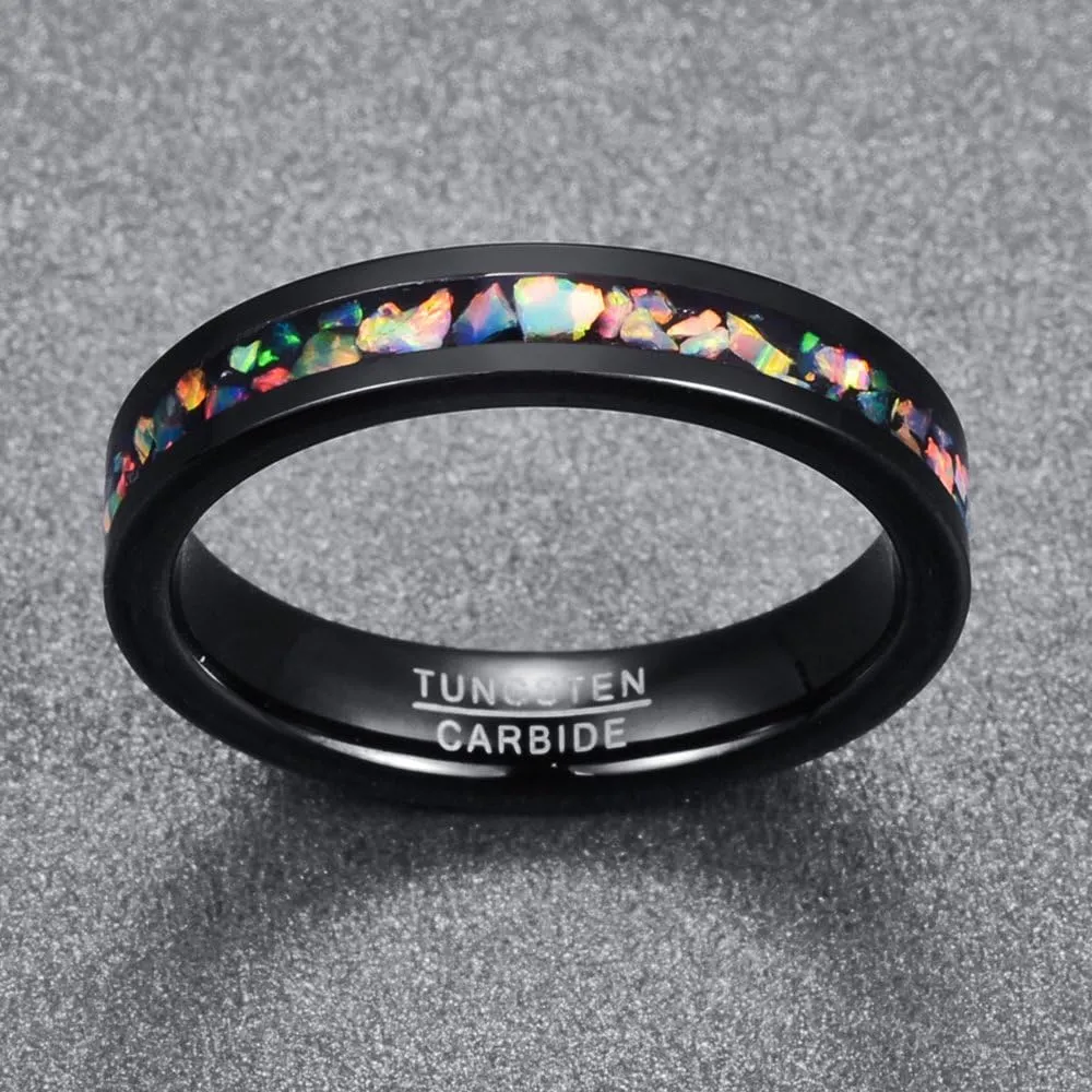 Vakki 4mm 8mm Black Tungsten Rings Inlaid with Crushed Created Opal Wedding Engagement Band for Men Comfort Fit Size 4-12