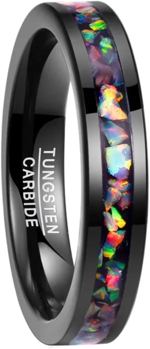 Vakki 4mm 8mm Black Tungsten Rings Inlaid with Crushed Created Opal Wedding Engagement Band for Men Comfort Fit Size 4-12