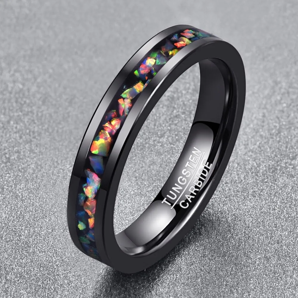 Vakki 4mm 8mm Black Tungsten Rings Inlaid with Crushed Created Opal Wedding Engagement Band for Men Comfort Fit Size 4-12