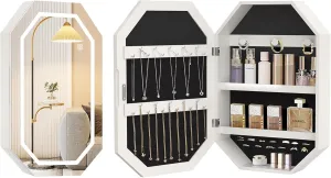 VECELO LED Jewelry Cabinet, Wall/Door-Mounted Jewelry Organizer with Frameless Lighted Mirror, Storage Hanging Cabinet, USB Port, 22.4 * 14.6 * 3.9 in, White-2