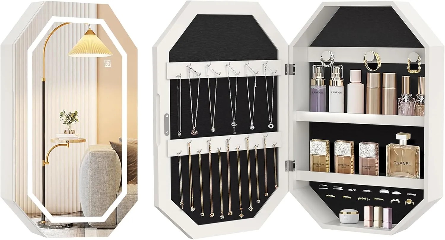 VECELO LED Jewelry Cabinet, Wall/Door-Mounted Jewelry Organizer with Frameless Lighted Mirror, Storage Hanging Cabinet, USB Port, 22.4 * 14.6 * 3.9 in, White-2