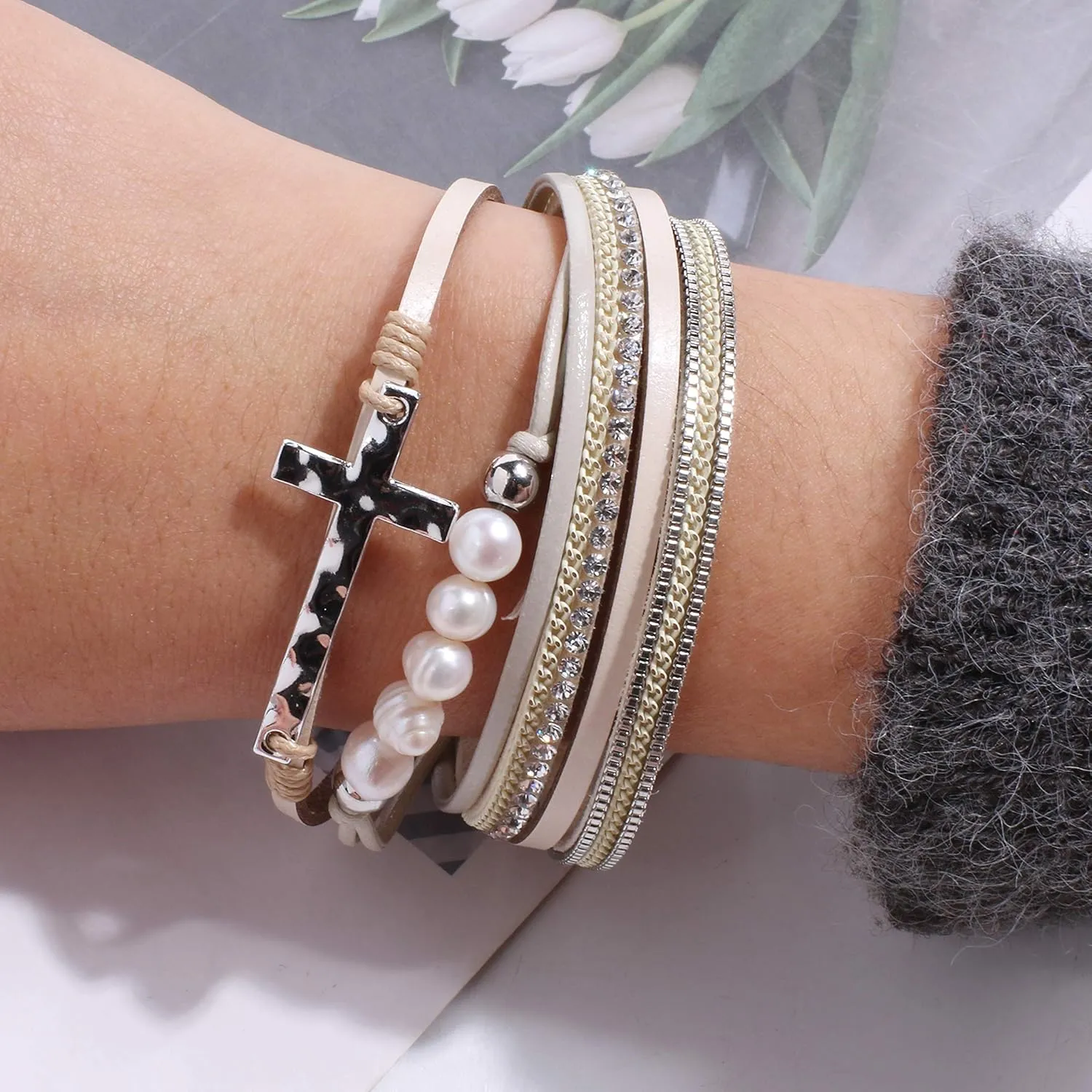 Vercret Leather Wrap Bracelet for Women - Multi-Layer Bracelets with Magnetic Clasp Bangle Cuff Stacked Bracelet for lady and Mother