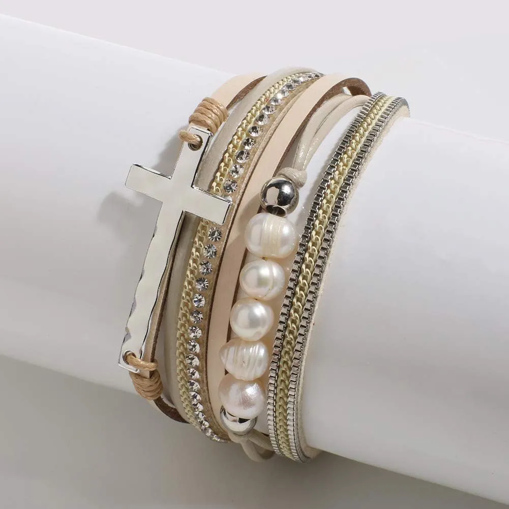 Vercret Leather Wrap Bracelet for Women - Multi-Layer Bracelets with Magnetic Clasp Bangle Cuff Stacked Bracelet for lady and Mother