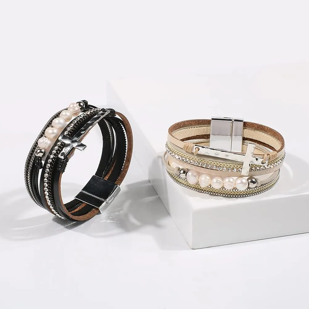 Vercret Leather Wrap Bracelet for Women - Multi-Layer Bracelets with Magnetic Clasp Bangle Cuff Stacked Bracelet for lady and Mother