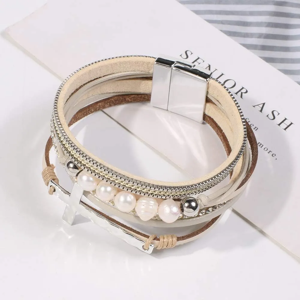 Vercret Leather Wrap Bracelet for Women - Multi-Layer Bracelets with Magnetic Clasp Bangle Cuff Stacked Bracelet for lady and Mother