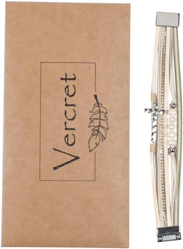 Vercret Leather Wrap Bracelet for Women - Multi-Layer Bracelets with Magnetic Clasp Bangle Cuff Stacked Bracelet for lady and Mother