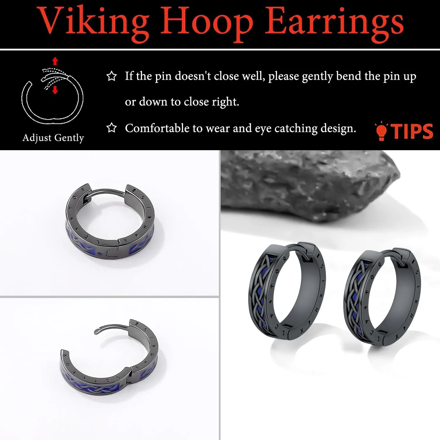 Viking Earrings Norse for Men Women 16mm 925 Sterling Silver Huggie Rune Celtic Hoop Earring Viking Jewelry Gifts Sturdy Punk Hoop Earrings Silver