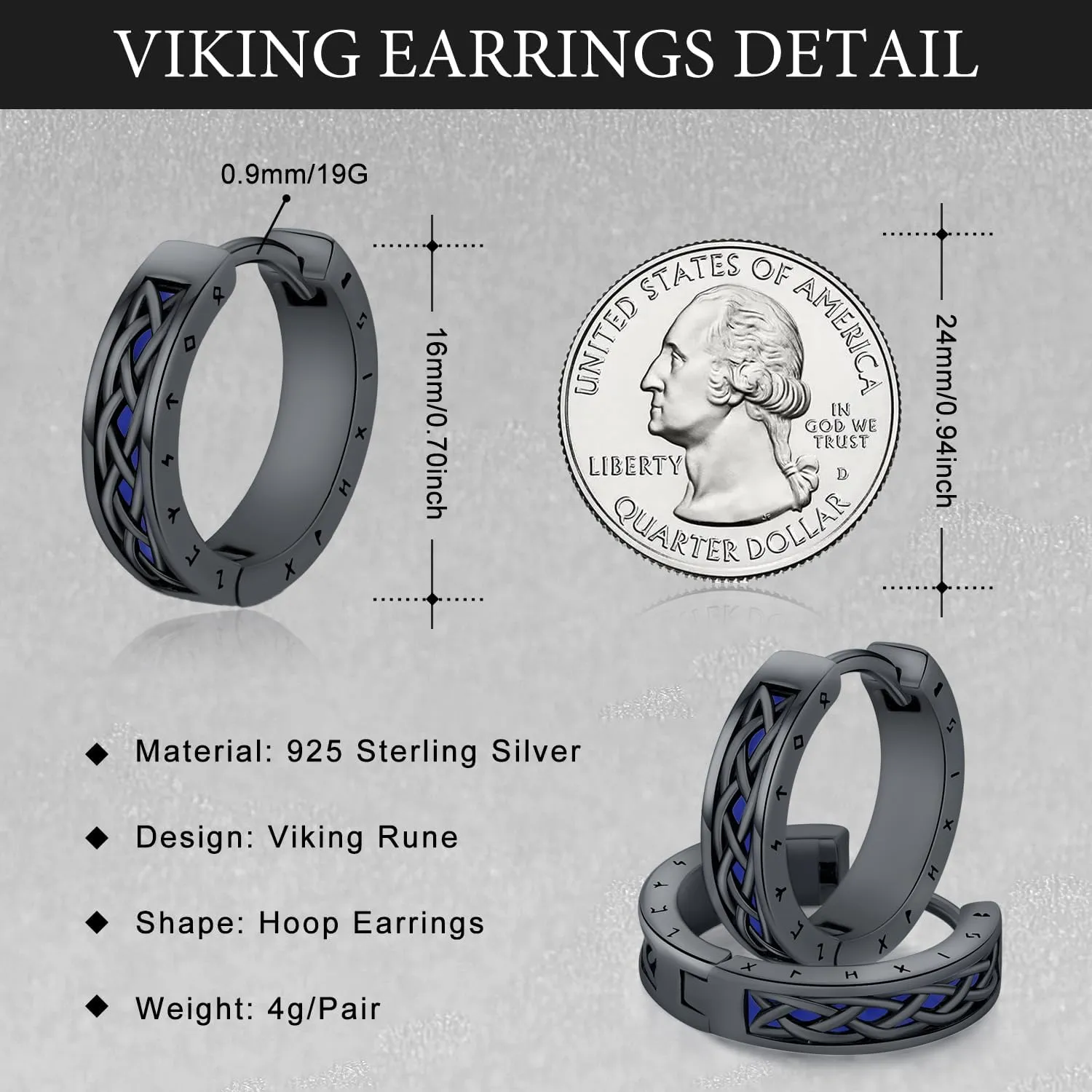 Viking Earrings Norse for Men Women 16mm 925 Sterling Silver Huggie Rune Celtic Hoop Earring Viking Jewelry Gifts Sturdy Punk Hoop Earrings Silver