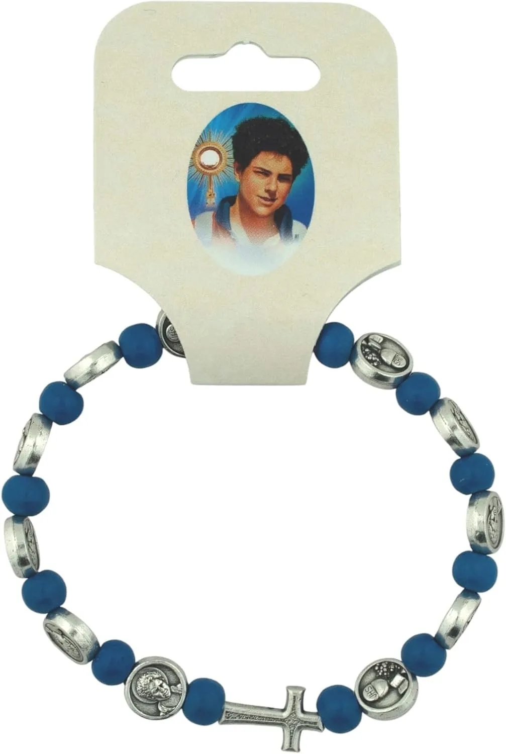 VILLAGE GIFT IMPORTERS Carlo Acutis card with bracelet | Beautiful catholic bracelet and prayer card | Christian Jewelry | Beautiful blue design | Catholic Prayer Accessory