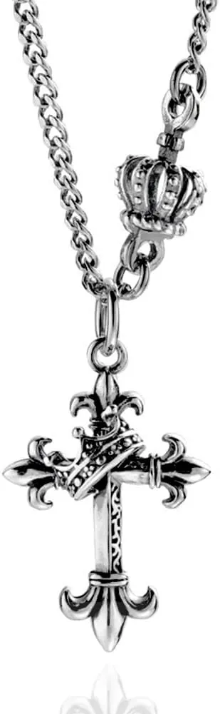 Vintage Cross Necklace 925 Sterling Silver Chain Cross Crown Pendant Necklace 17-19 Inches for Women Men Fashion Jewelry